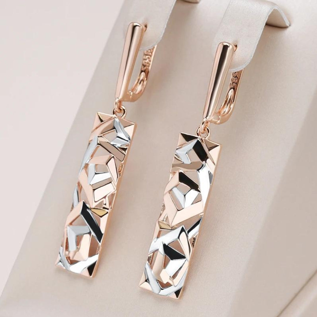 Elegant rectangular earrings made of gold and silver