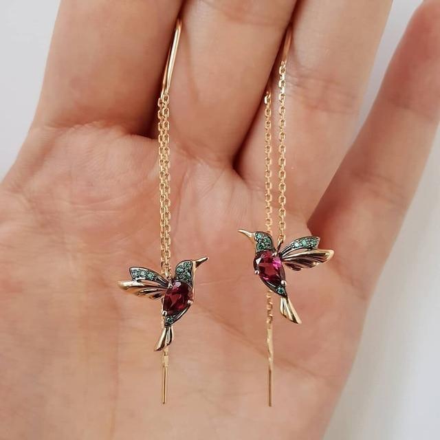 Enamel and Zirconia Earrings in the Shape of a Hummingbird